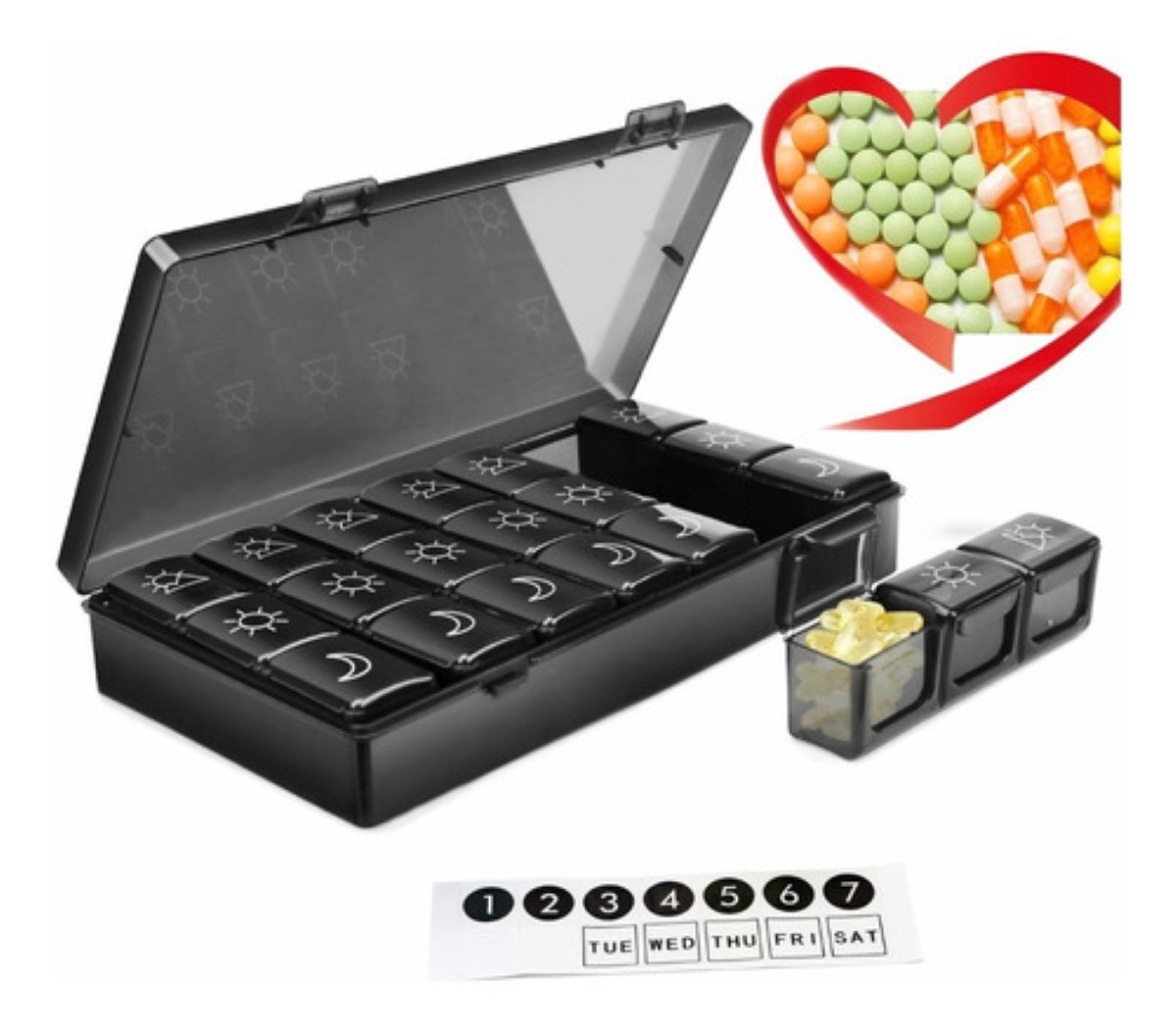 Pastillero Semanal Organizador 3 Tomas Portátil Negro
