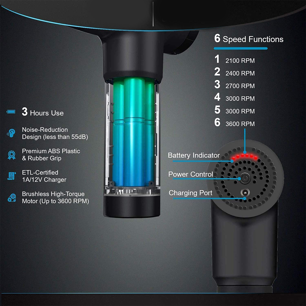 Hand-Held Azul Brandtrendy Masajeador eléctrico de percusión, automático, 6 velocidades, silencioso.