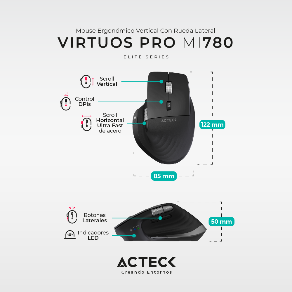 Mouse Ergonómico Acteck Profesional 2 Modos Bluetooth Mi780 Negro