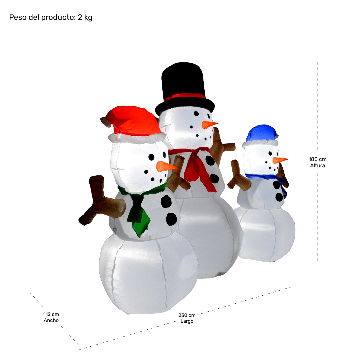Inflable Navidad 3 Muñecos Nieve 1.80m Decoracion Luz Led