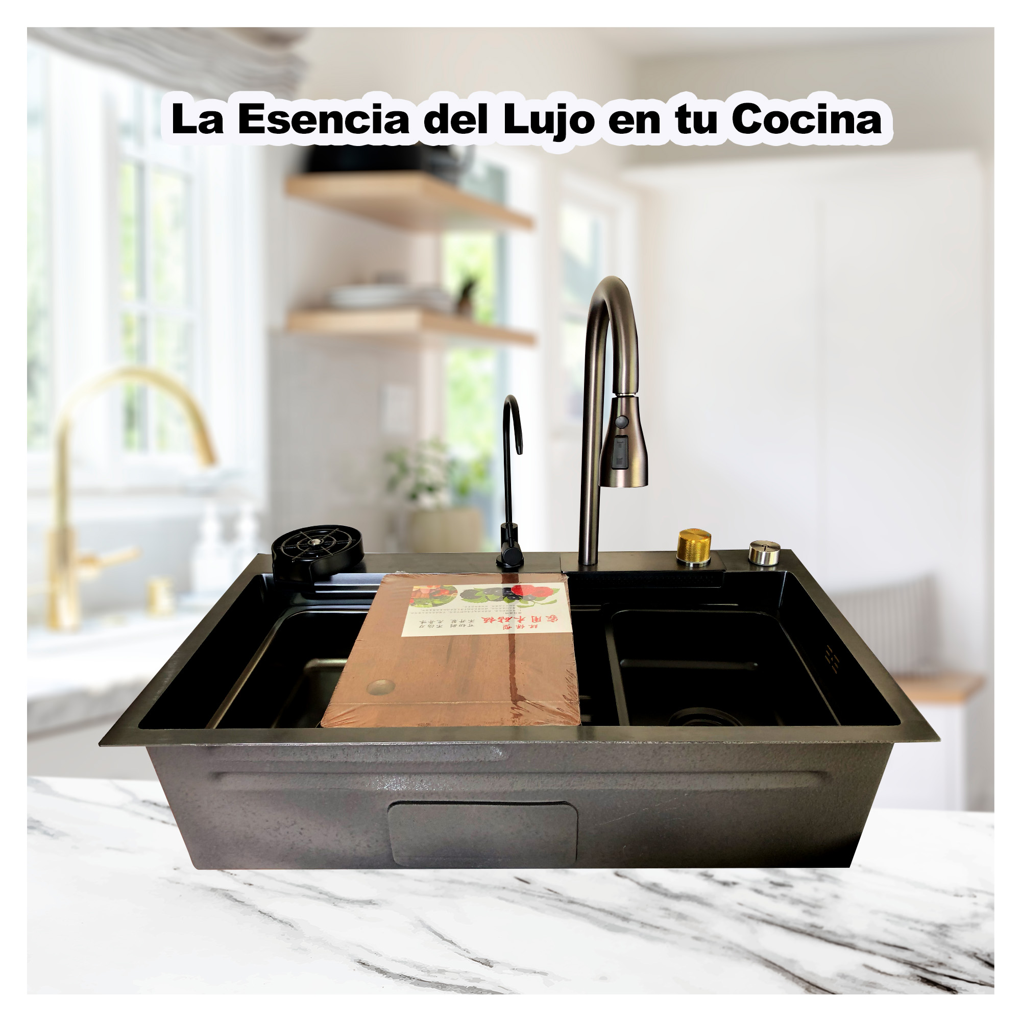 Tarja para Cocina Fregadero de Lujo Con Cascada Acero Inoxidable 80xm X 46cm X 20cm 