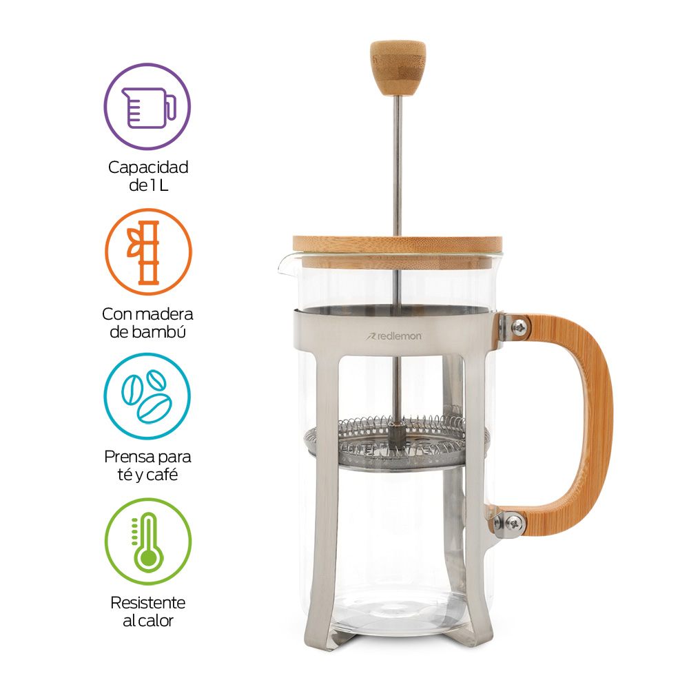 Cafetera Prensa Francesa de Vidrio y Bambú 1 Litro