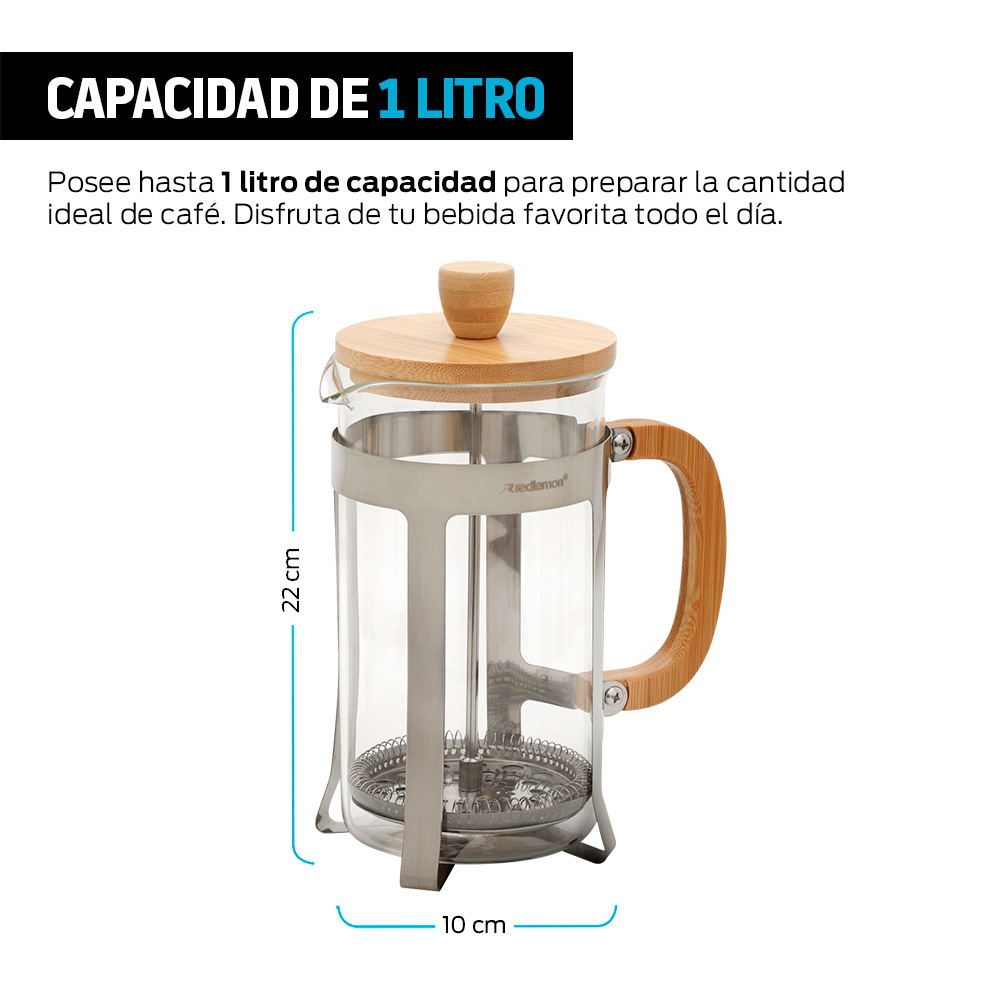 Cafetera Prensa Francesa de Vidrio y Bambú 1 Litro