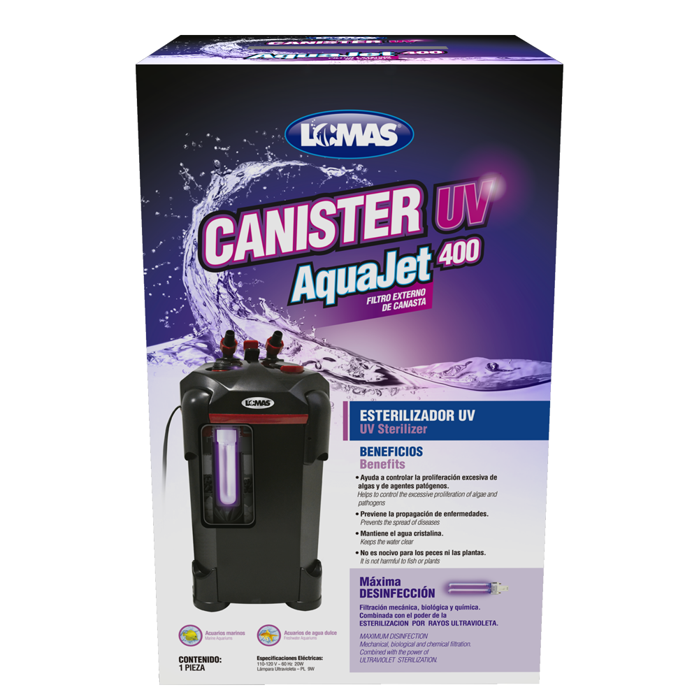 Lomas AquaJet Canister Filtro Externo con Luz UV para Peces de Acuario 400 litros, Combina Tres Etapas de Filtración, Inhibe Microorganismos,