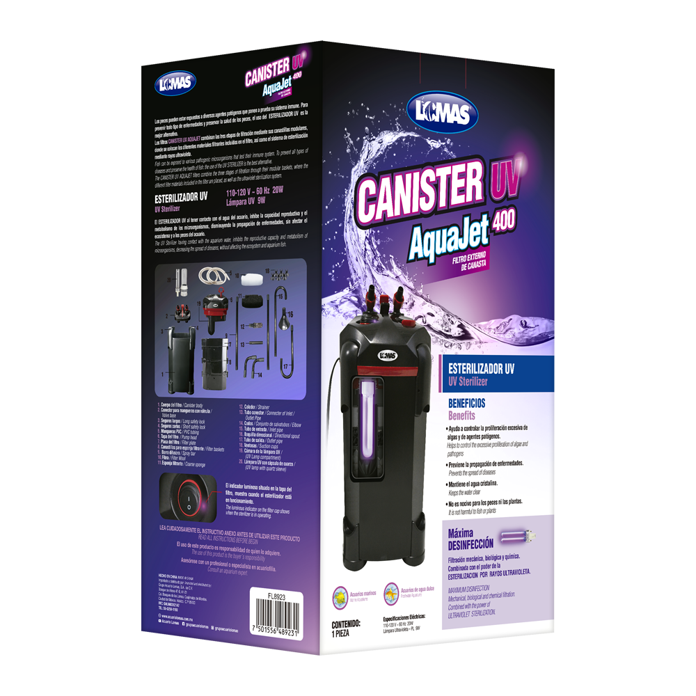 Lomas AquaJet Canister Filtro Externo con Luz UV para Peces de Acuario 400 litros, Combina Tres Etapas de Filtración, Inhibe Microorganismos,