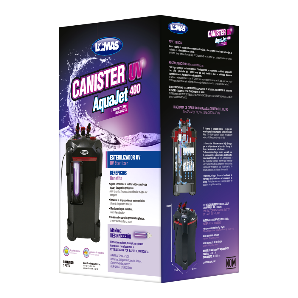 Lomas AquaJet Canister Filtro Externo con Luz UV para Peces de Acuario 400 litros, Combina Tres Etapas de Filtración, Inhibe Microorganismos,
