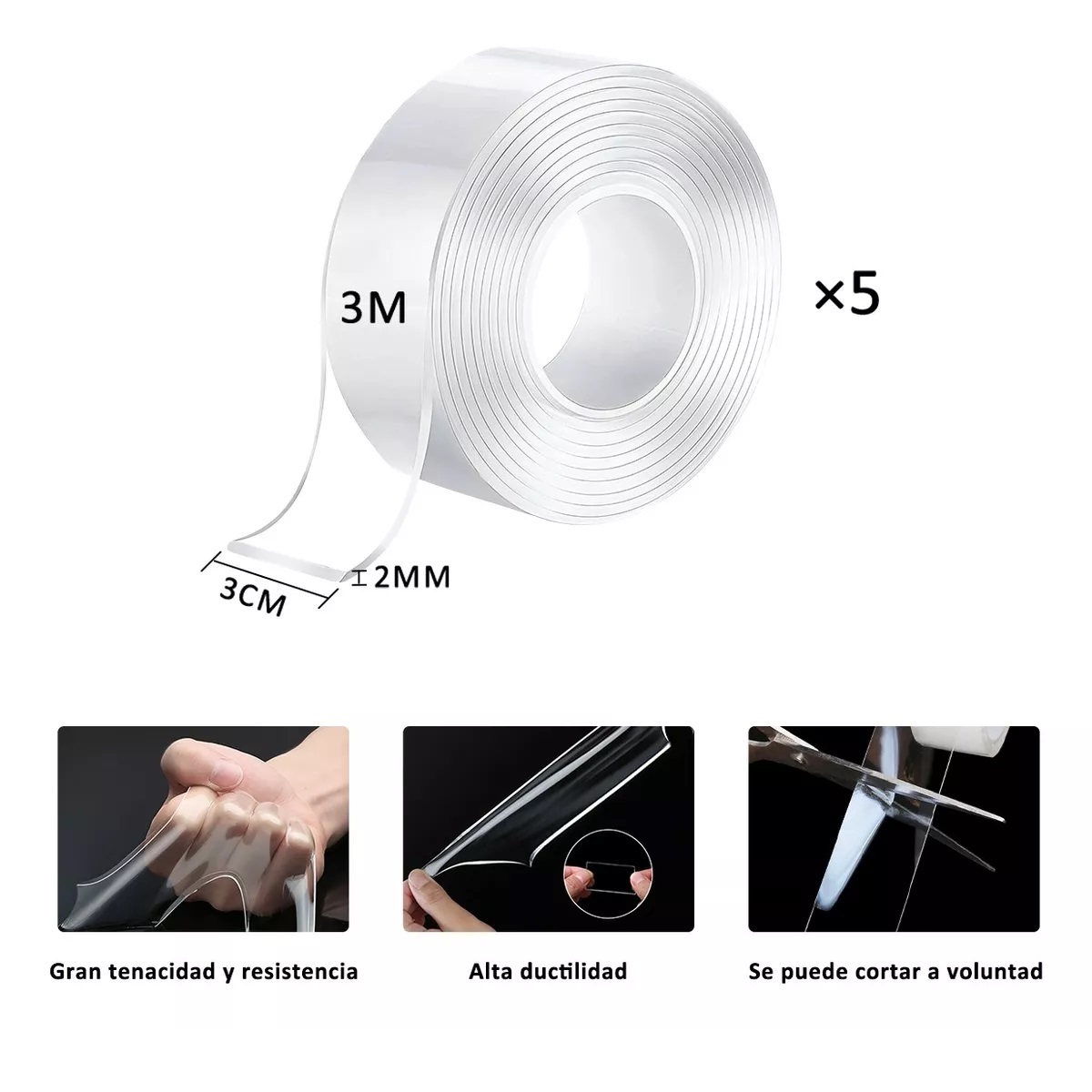 Set 5pcs Cinta Magica Nano Doble Cara Reutilizable 3m*3cm*2mm