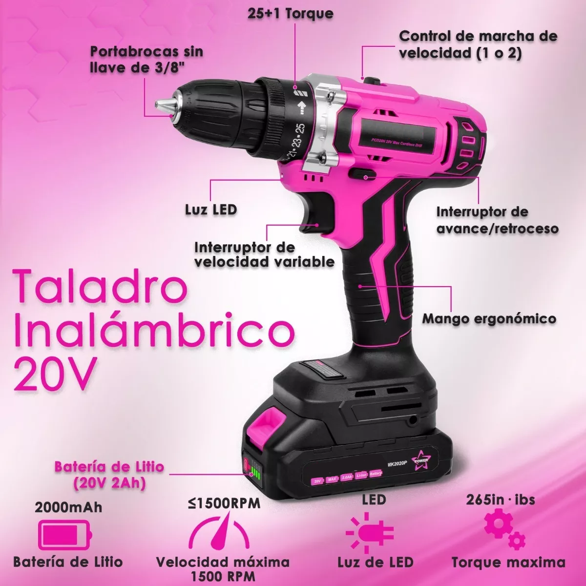 Kit De Herramientas Con Taladro Inalámbrico Rosa De 20v