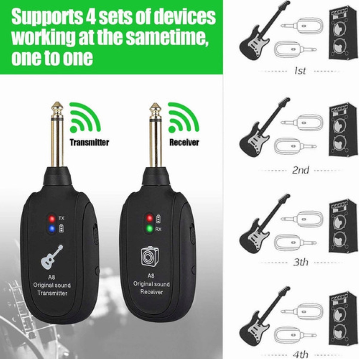 Sistema Transmisor Y Receptor Inalambrico Guitarra Uhf A8 Negro