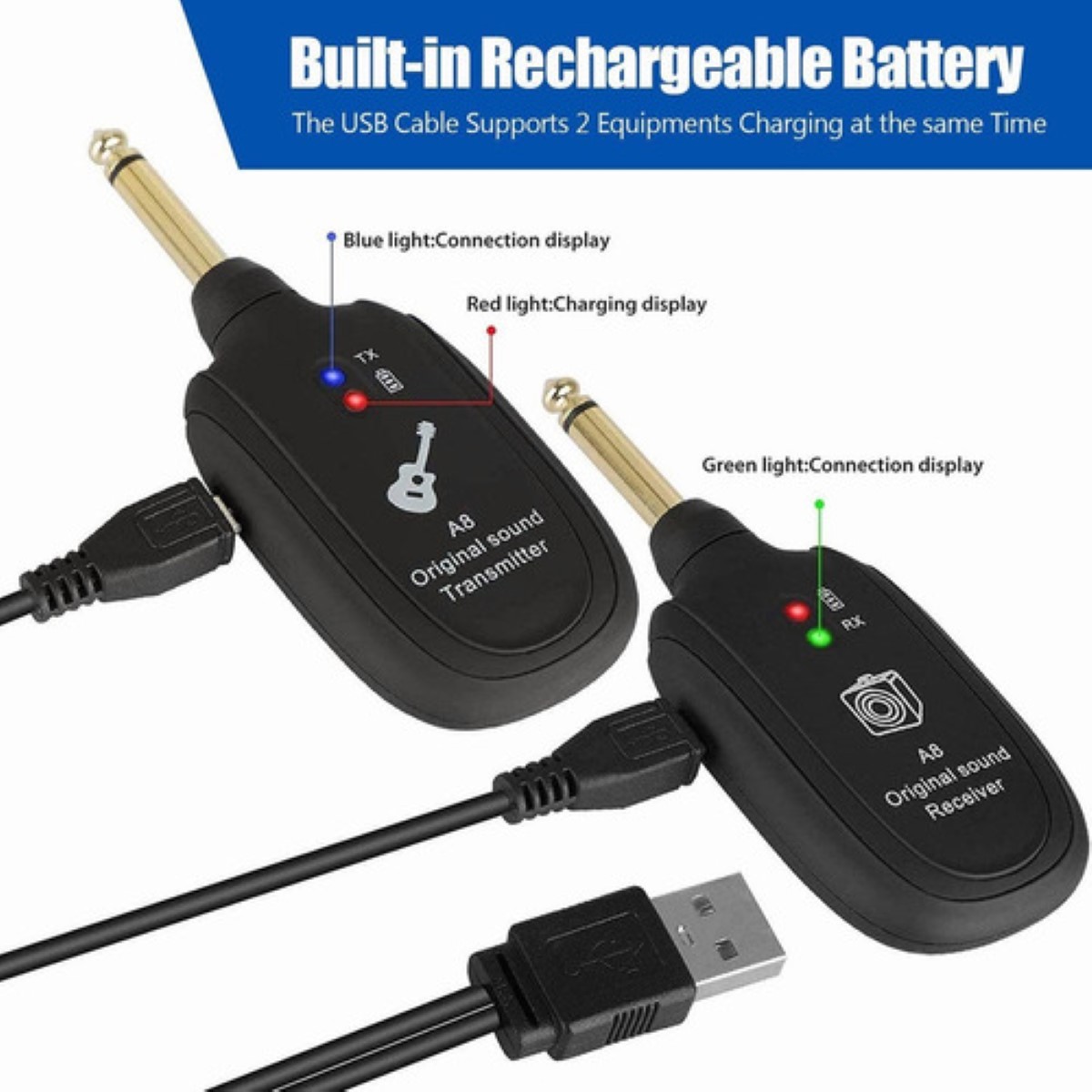 Sistema Transmisor Y Receptor Inalambrico Guitarra Uhf A8 Negro