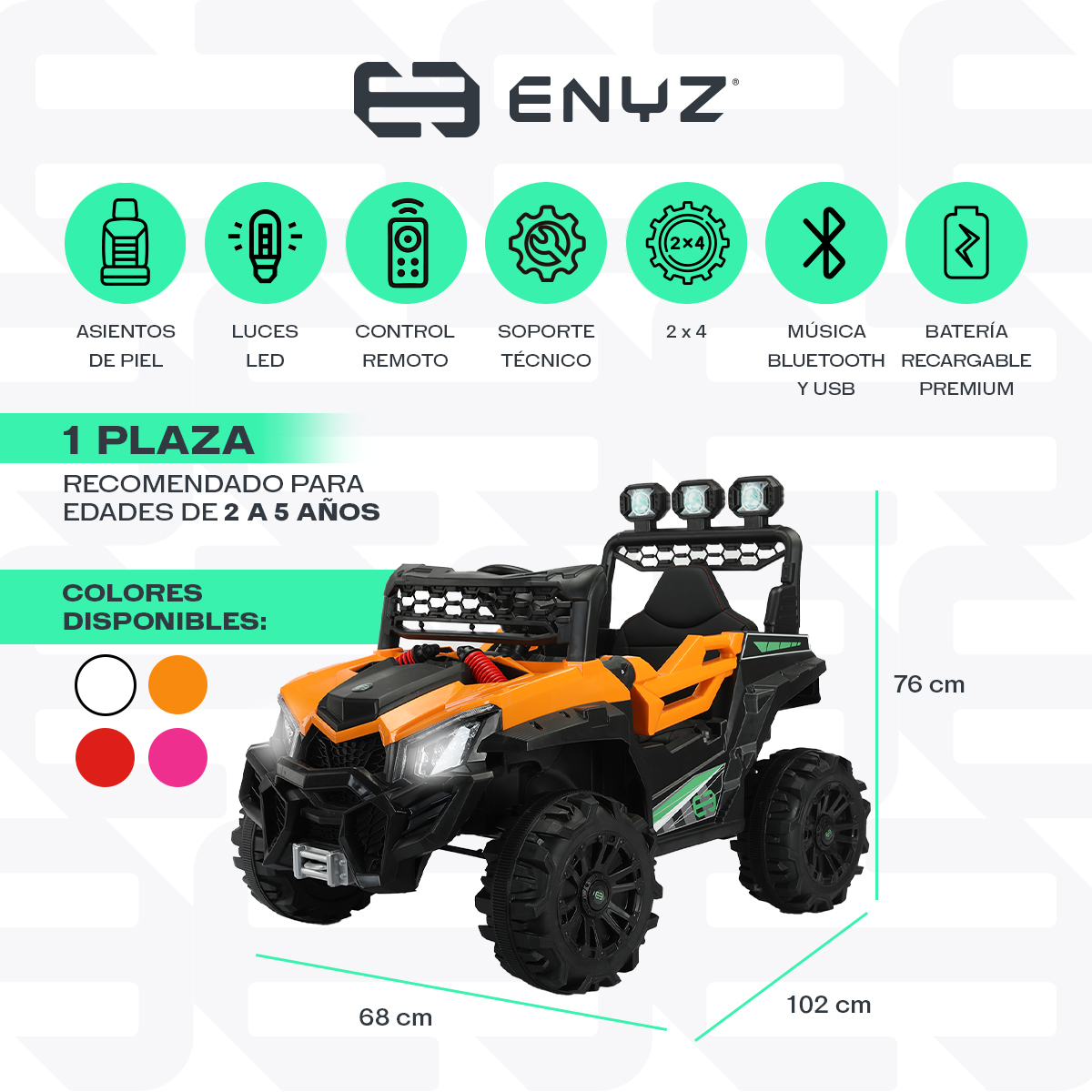Montable eléctrico Camioneta Razer Jeep con control remoto asientos de piel bluetooth bocinas Edades Infantil 2 a 5 años Enyz Naranja