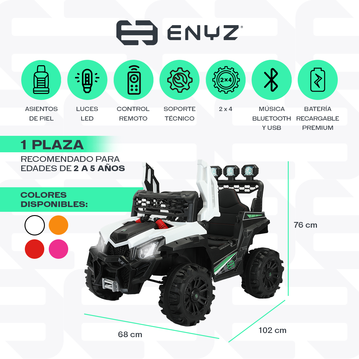 Montable eléctrico Camioneta Razer Jeep con control remoto asientos de piel bluetooth bocinas Edades Infantil 2 a 5 años Enyz Blanco.