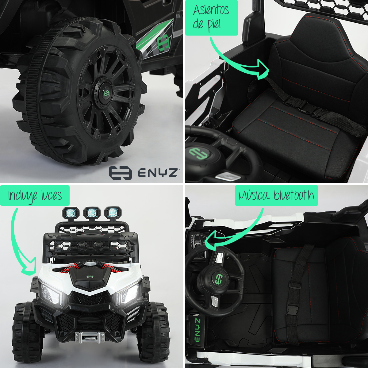 Montable eléctrico Camioneta Razer Jeep con control remoto asientos de piel bluetooth bocinas Edades Infantil 2 a 5 años Enyz Blanco.