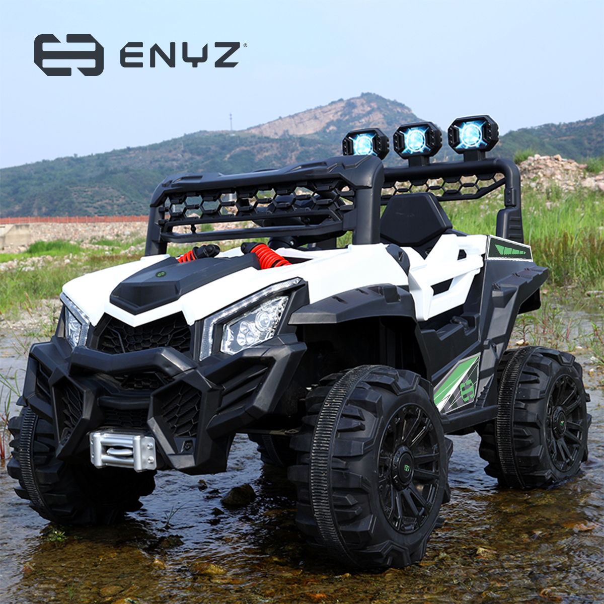 Montable eléctrico Camioneta Razer Jeep con control remoto asientos de piel bluetooth bocinas Edades Infantil 2 a 5 años Enyz Blanco.