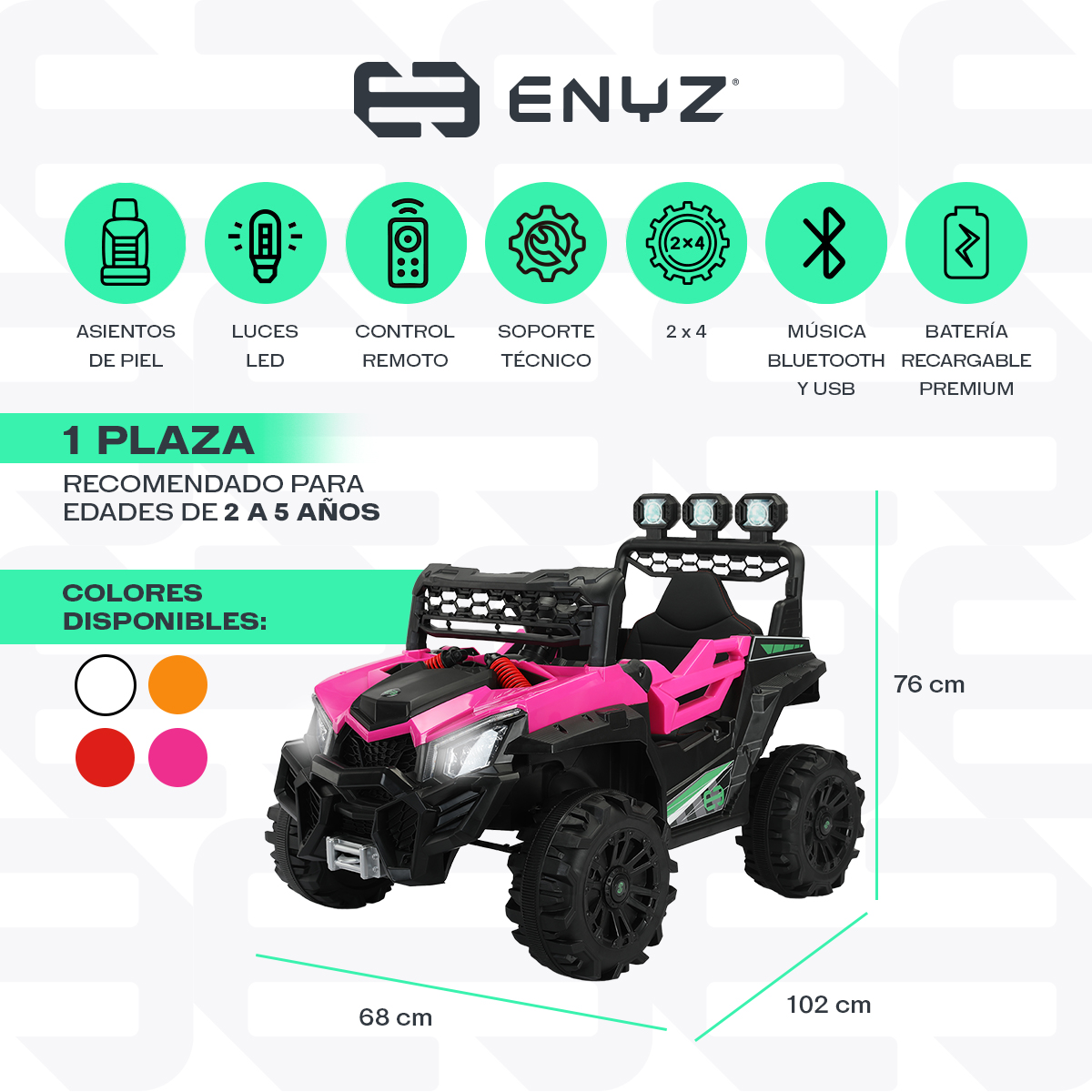 Montable eléctrico Camioneta Razer Jeep con control remoto asientos de piel bluetooth bocinas Edades Infantil 2 a 5 años Enyz Rosa.