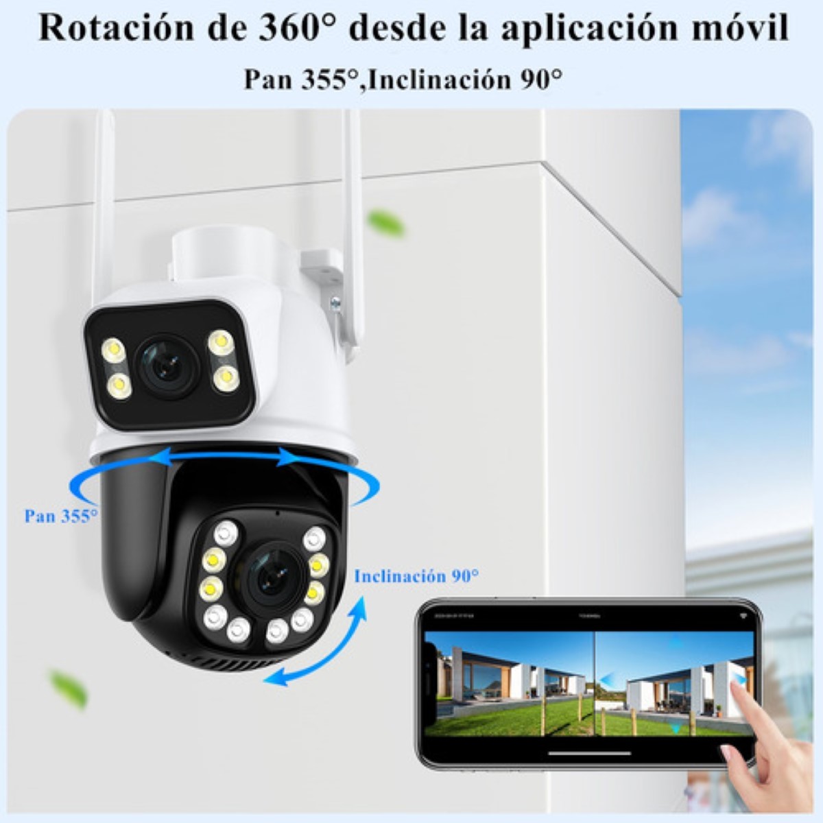 Cámara De Seguridad Wifi Exterior Con Doble Lente Y Pantalla Blanco