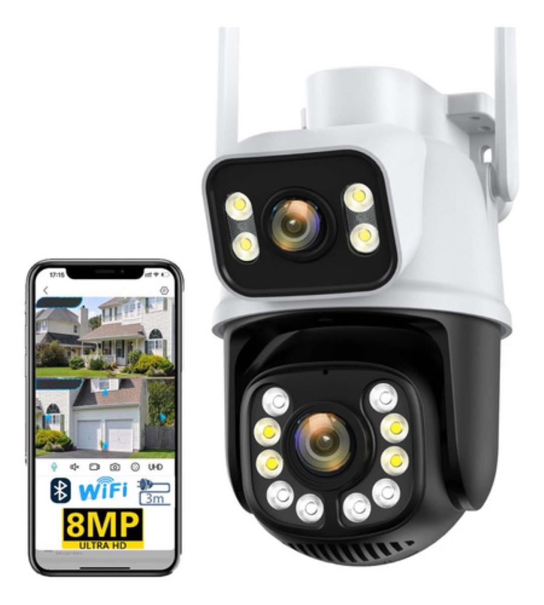 Cámara De Seguridad Wifi Exterior Con Doble Lente Y Pantalla Blanco