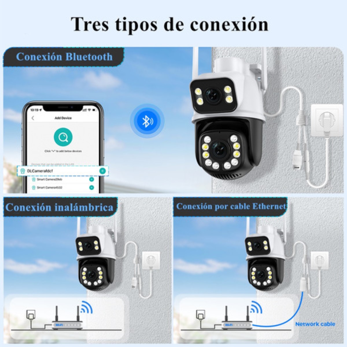 Cámara De Seguridad Wifi Exterior Con Doble Lente Y Pantalla Blanco