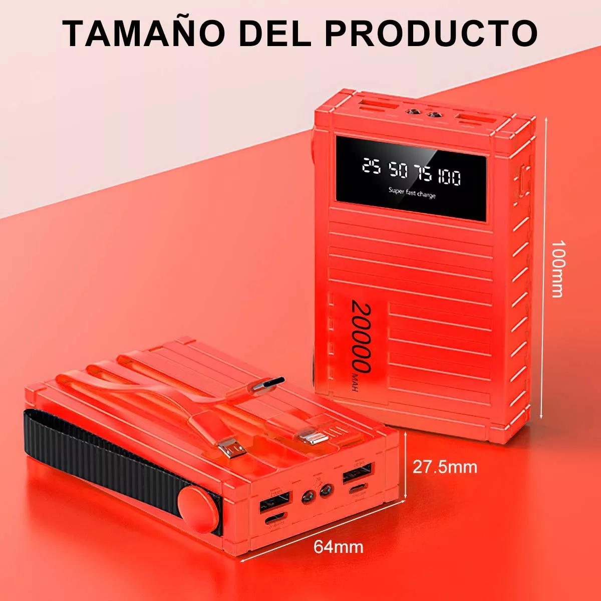 Power Bank Pila Baterias Para Celular Portatil 20000mah Rojo