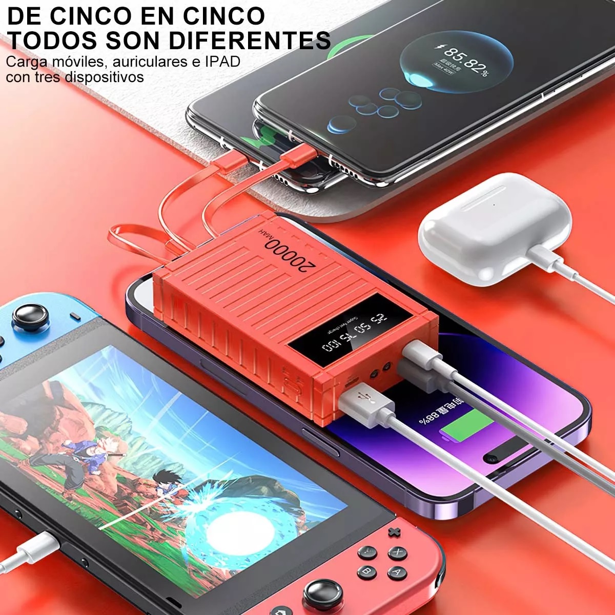 Power Bank Pila Baterias Para Celular Portatil 20000mah Rojo