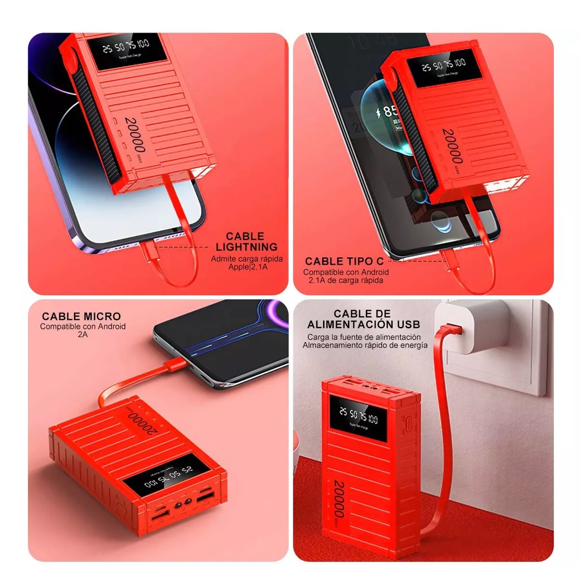 Power Bank Pila Baterias Para Celular Portatil 20000mah Rojo
