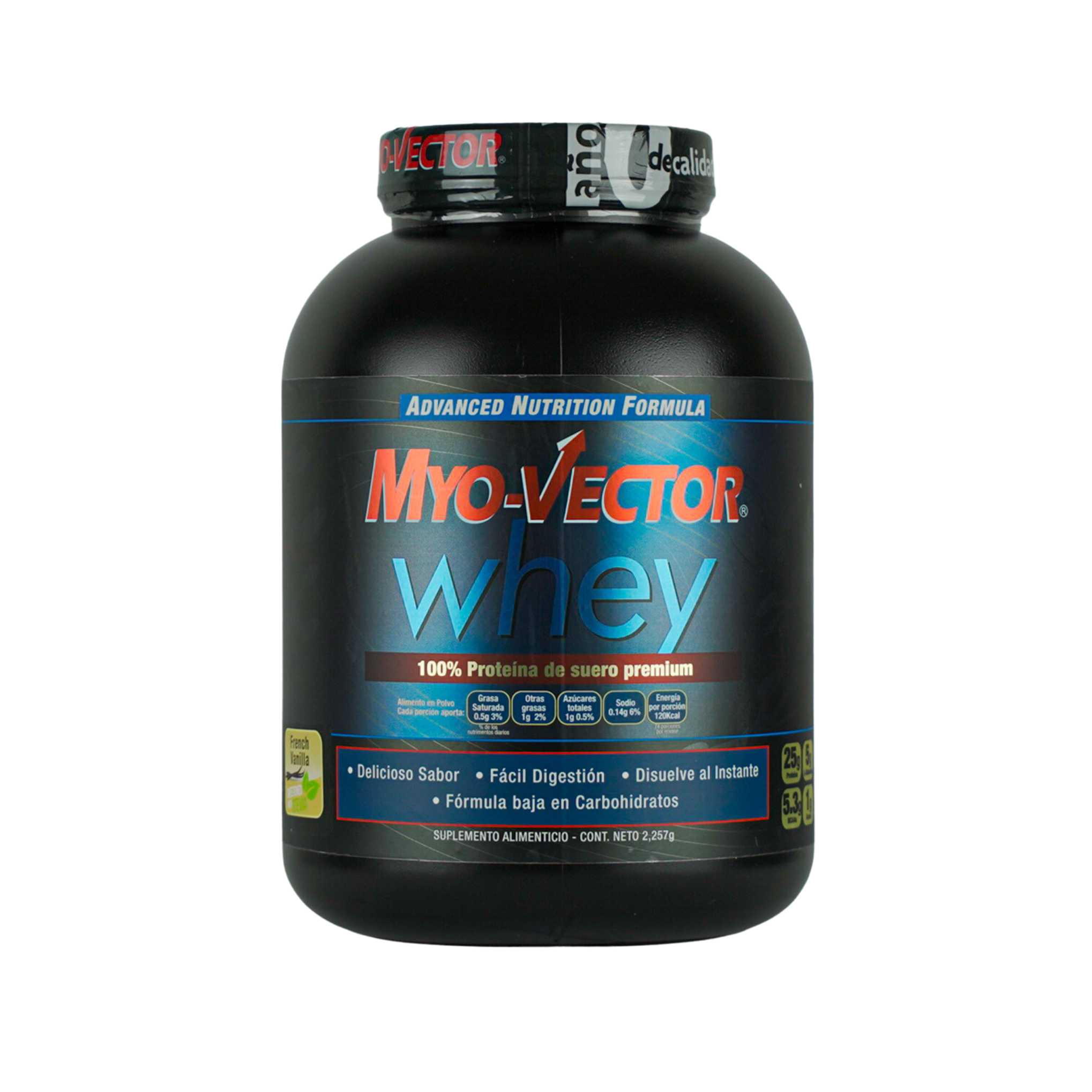 Myo Vector Whey, French Vainilla, 100% Suero de leche, 25 gr de proteína, Baja en carbohidratos, 5.3 gr de Bcaa, 74 Servicios, 5 Lbs.