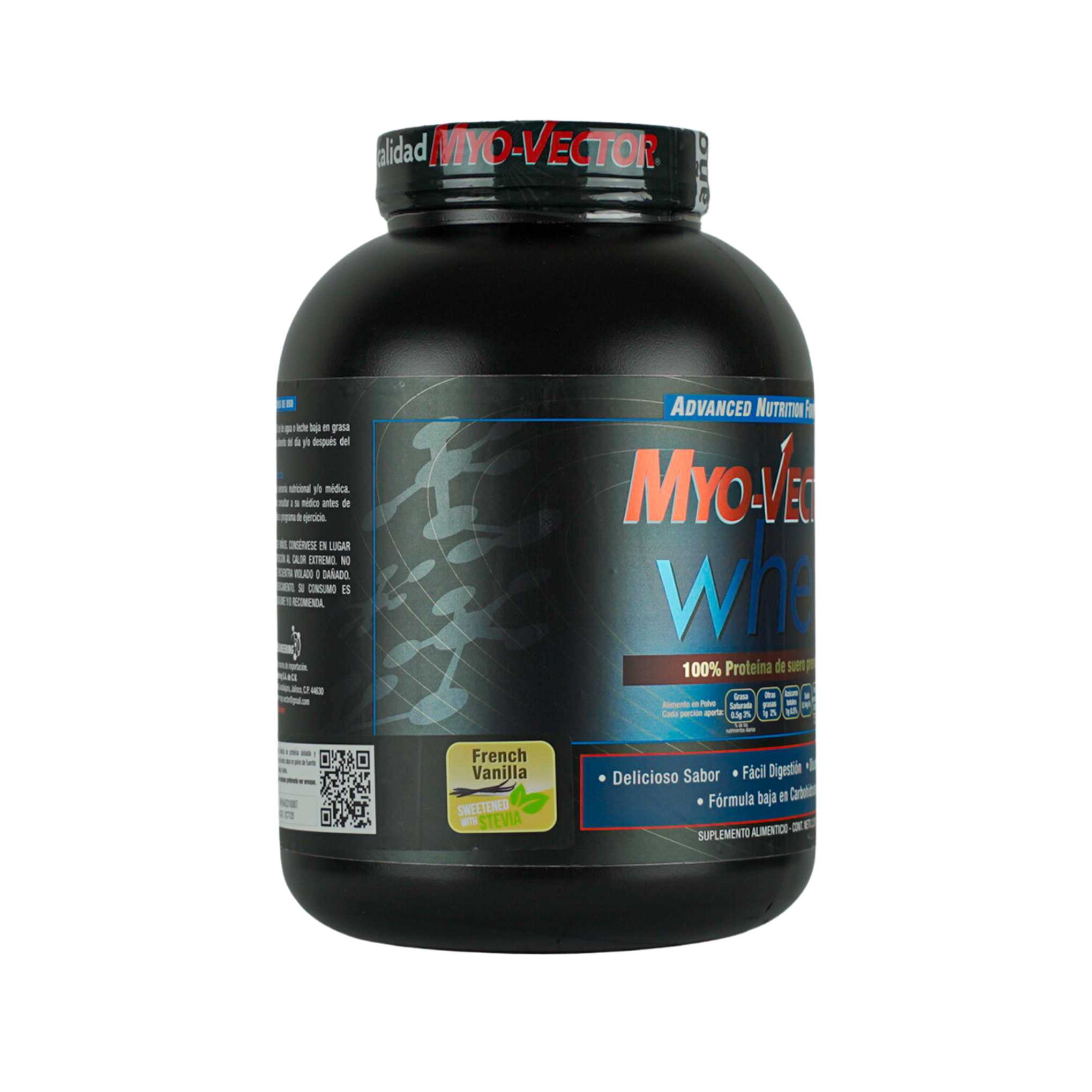 Myo Vector Whey, French Vainilla, 100% Suero de leche, 25 gr de proteína, Baja en carbohidratos, 5.3 gr de Bcaa, 74 Servicios, 5 Lbs.