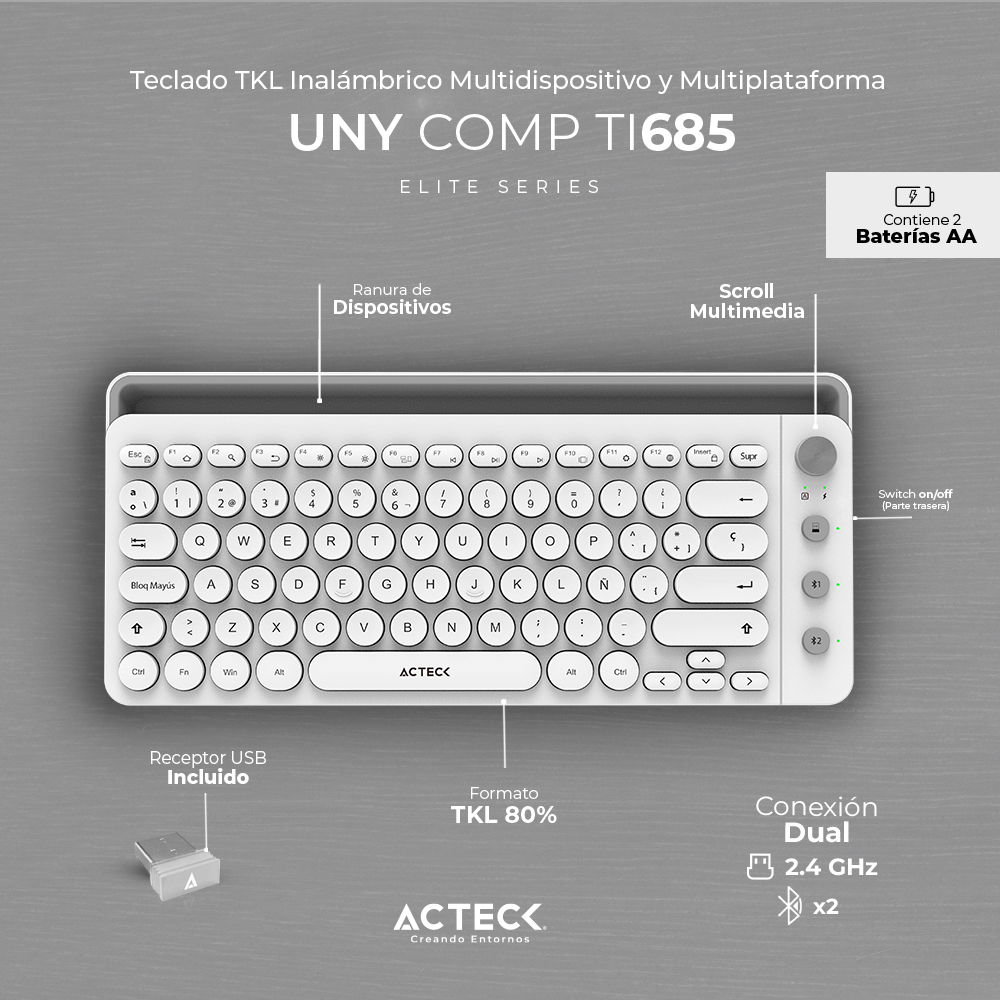 Teclado Multidispositivo Uny Comp TI685 2.4ghz + 3 Modos Acteck Blanco