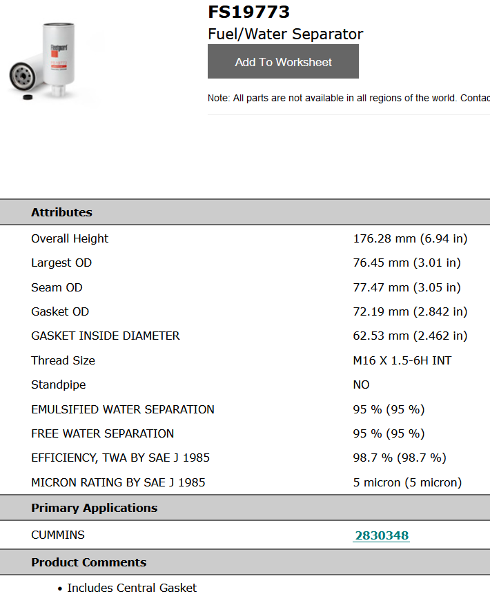 Fs19773 Filtro Separador Agua Diesel ( Bf7772 Sfc-45030 )