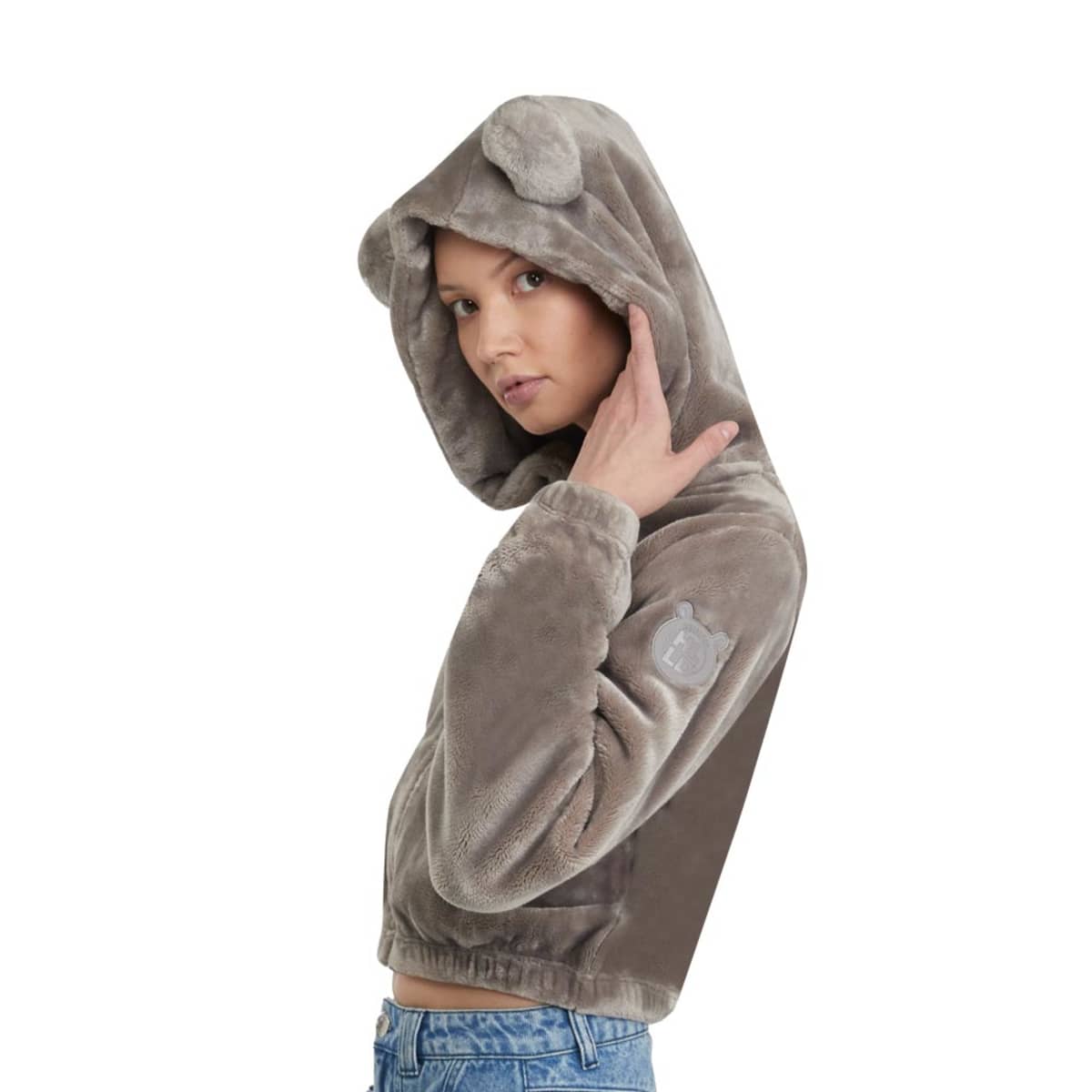 Chamarra corta tipo Teddy, color moka, para mujer, mod. 1091258