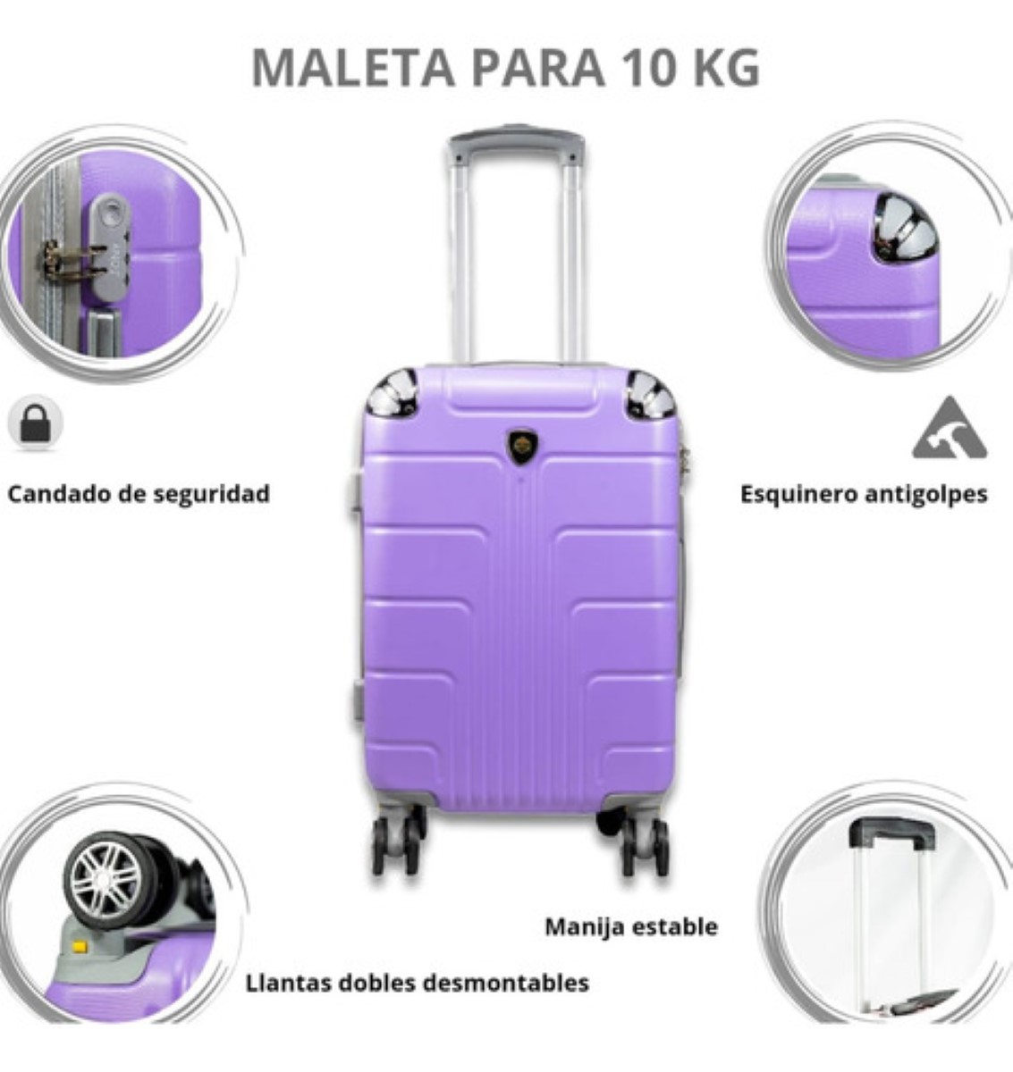 Maleta De 10 Kg Cabina C/ Candado De Seguridad Doble Llanta Morado 