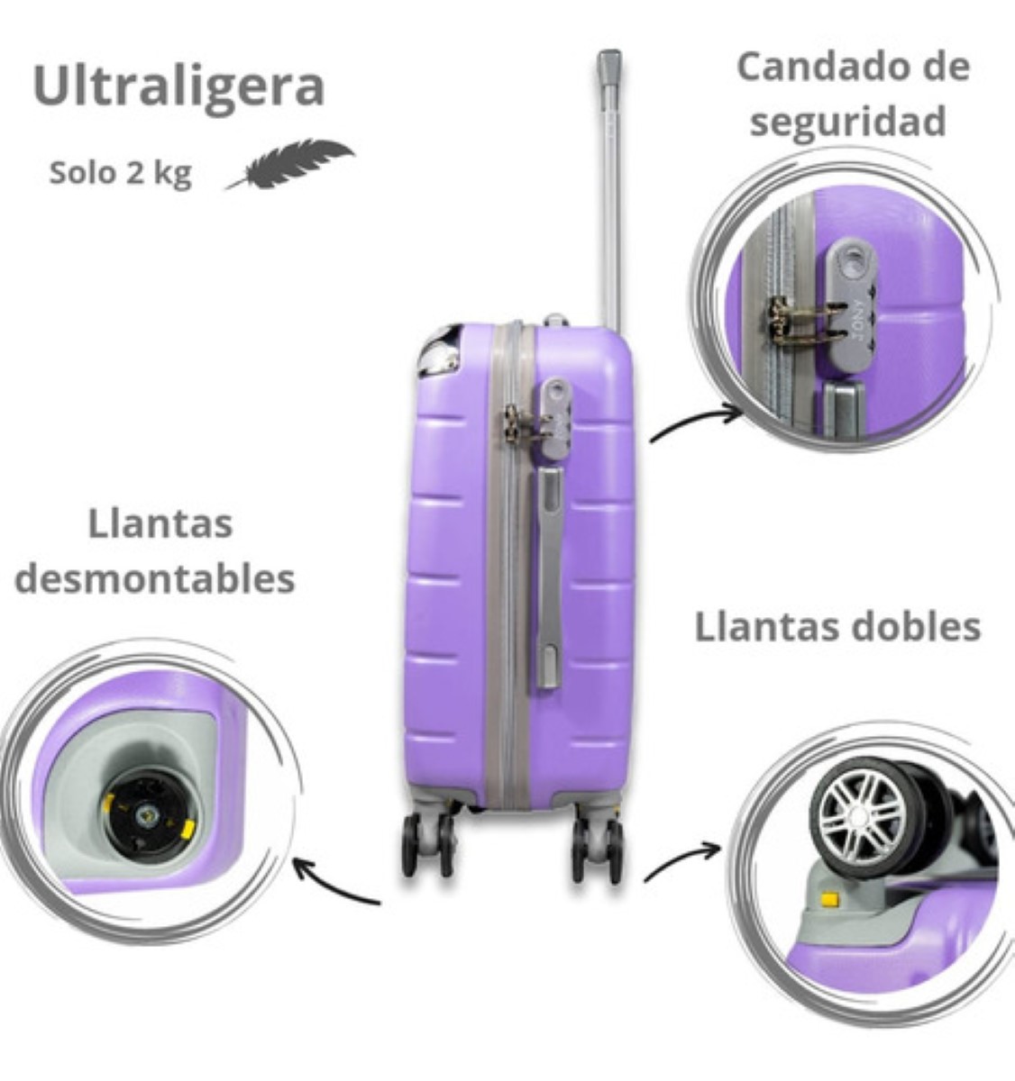 Maleta De 10 Kg Cabina C/ Candado De Seguridad Doble Llanta Morado 