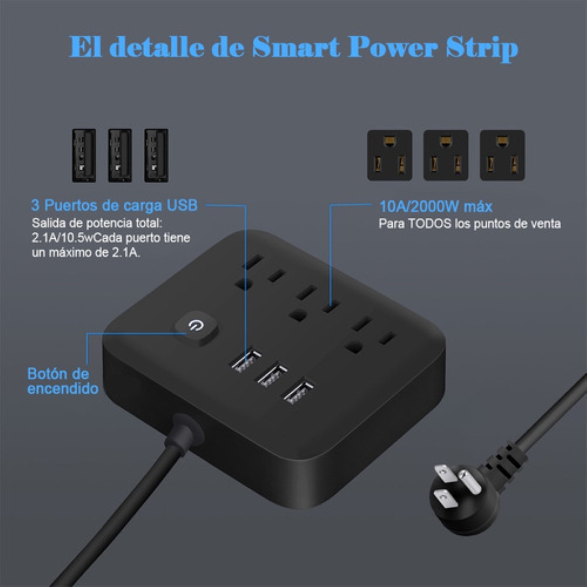 Regleta De Alimentación Multicontactos Con 8 Salidas 3 Usb Negro