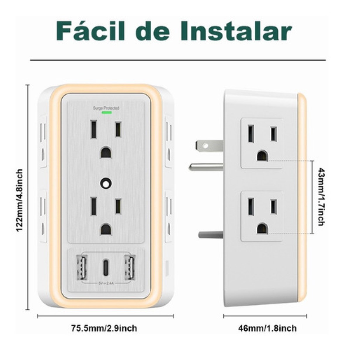 Regleta Enchufe Con 6 Enchufes Ca Y 3 Usb +1 Type-c Blanco