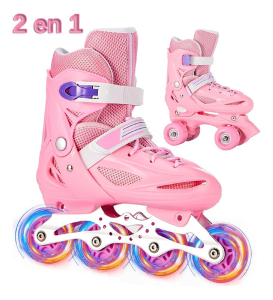 Patines De 8 Ruedas Ajustables Niños 2 En 1 Y Protecciones rosa