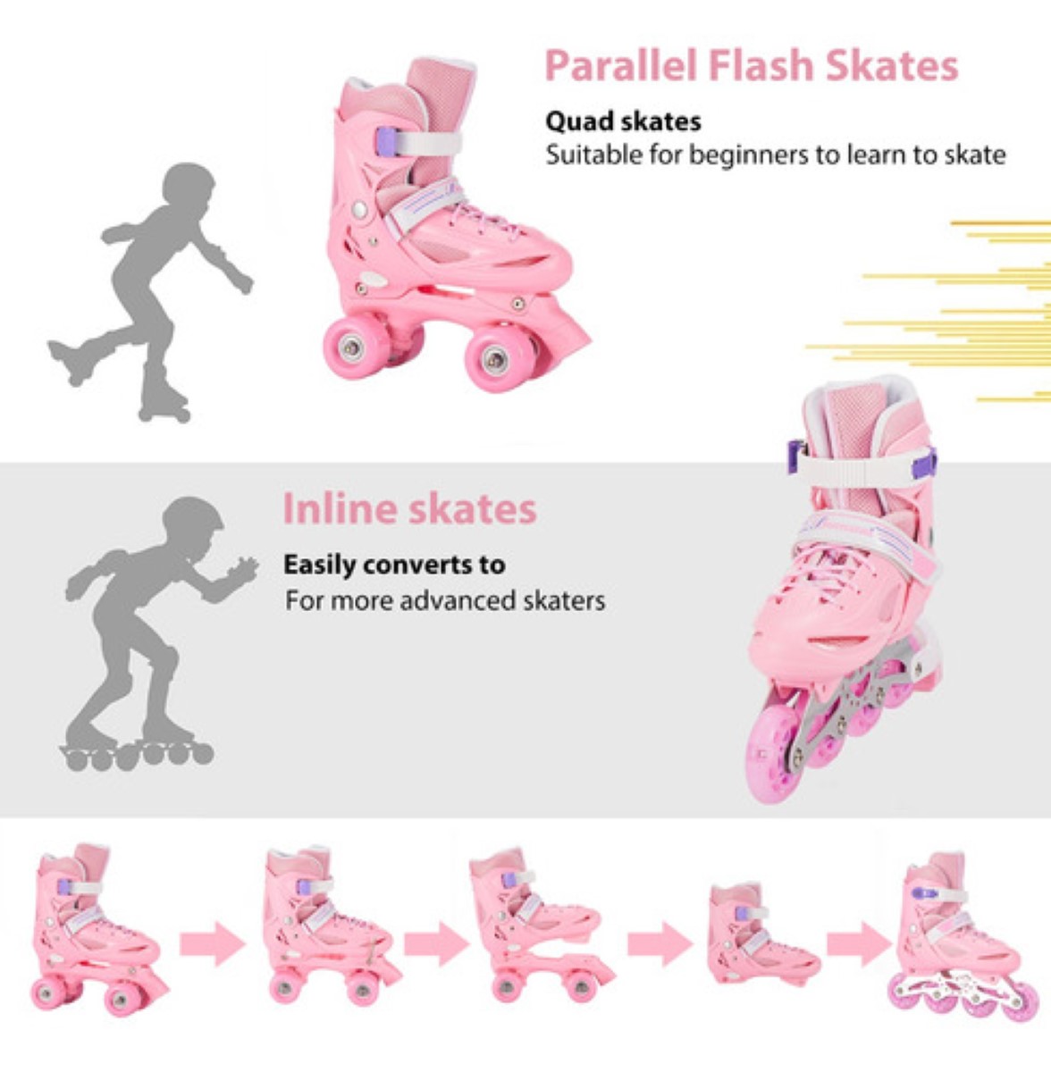 Patines De 8 Ruedas Ajustables Niños 2 En 1 Y Protecciones rosa