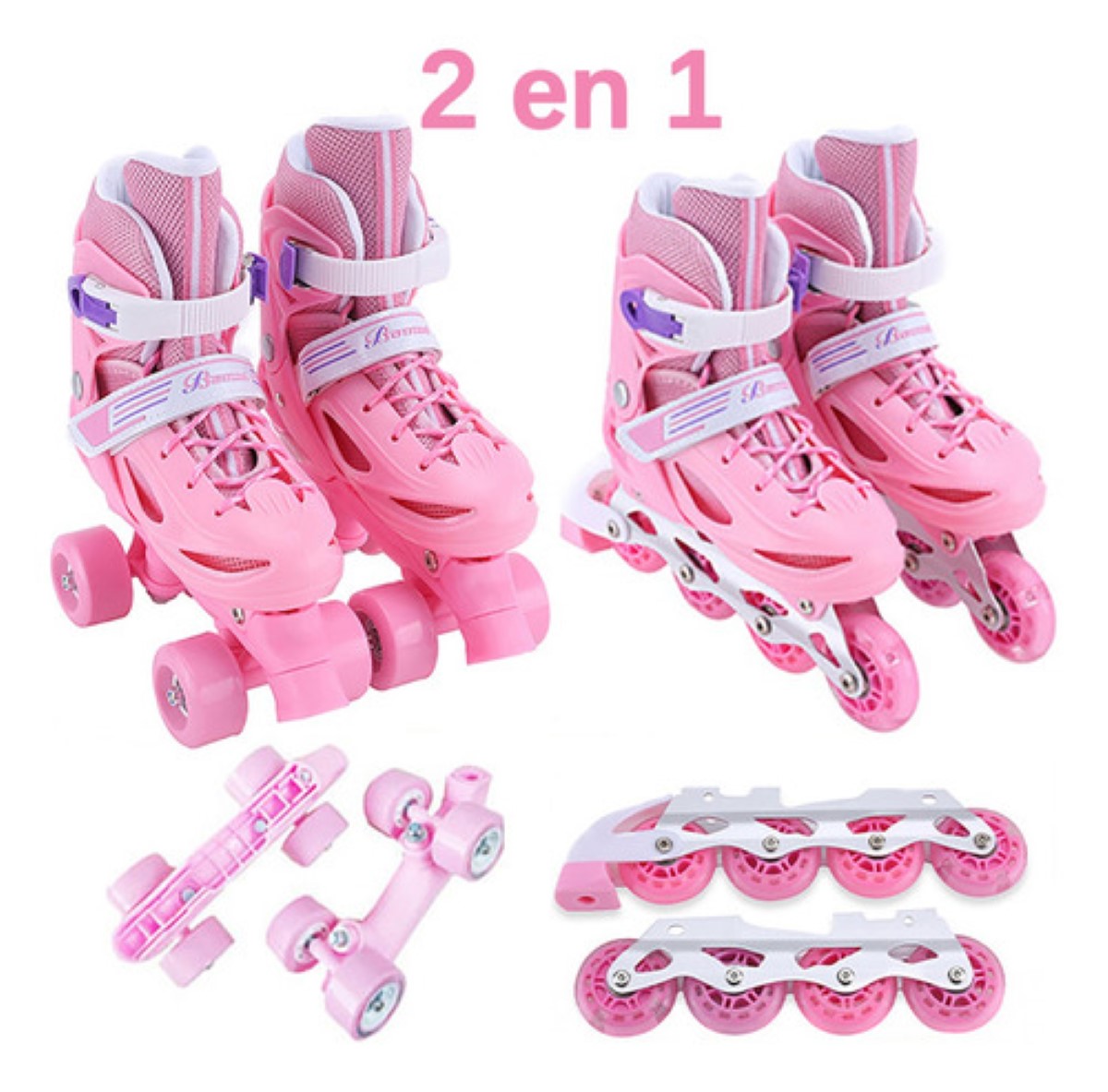 Patines De 8 Ruedas Ajustables Niños 2 En 1 Y Protecciones rosa