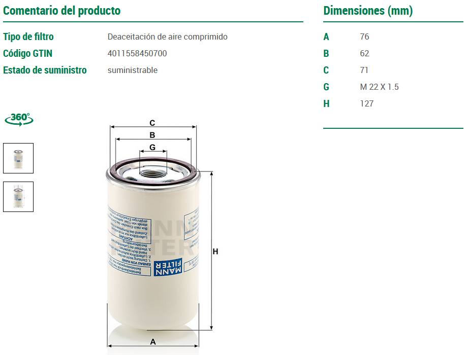 Lb719/2 Filtro Separador Aire Aceite Lb 719/2 P783486