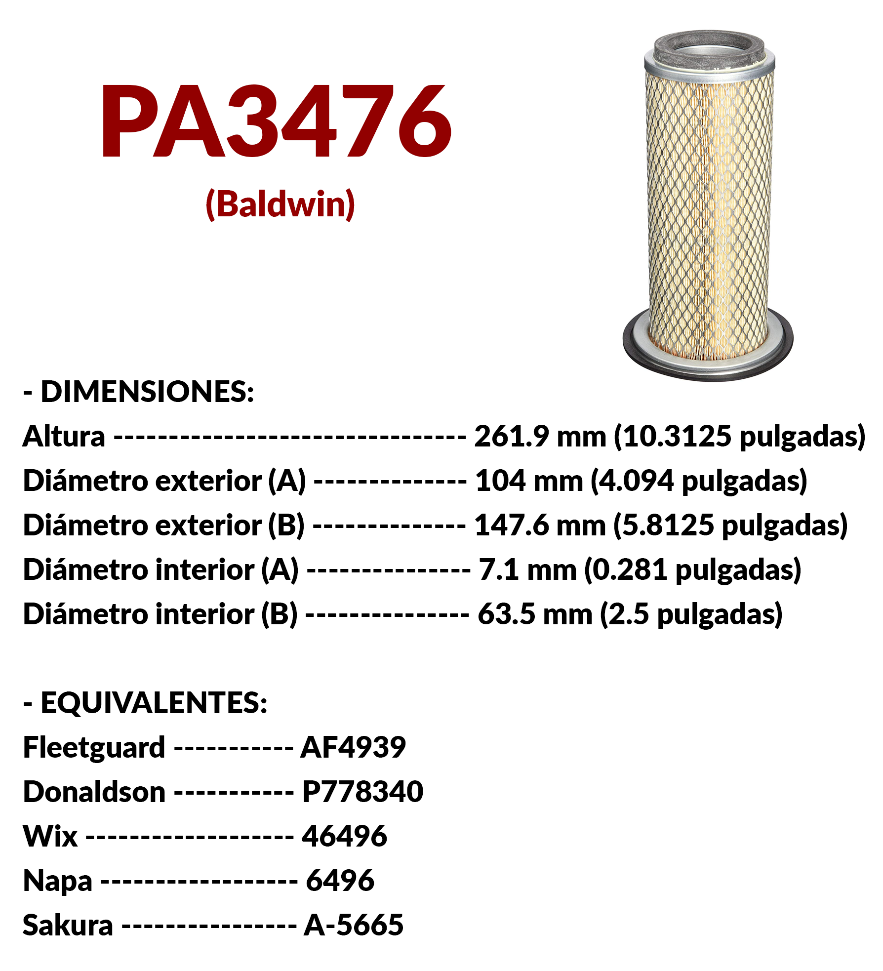 Pa3476 Paquete De 6 Piezas Filtro De Aire ( Af4939 P535362)