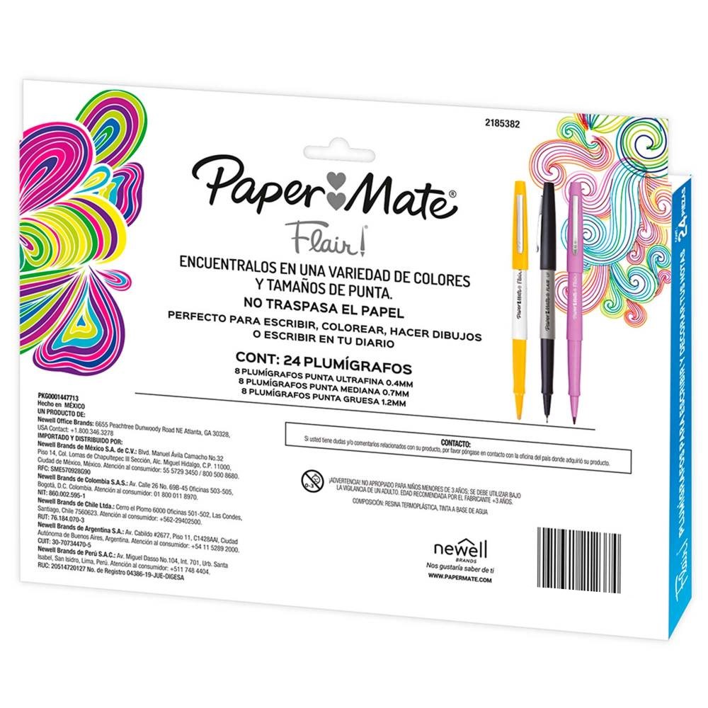 Paper Mate Flair, Marcadores Bolígrafos Rotuladores de Punta Ultra Fina, Media y Gruesa, 24 Piezas