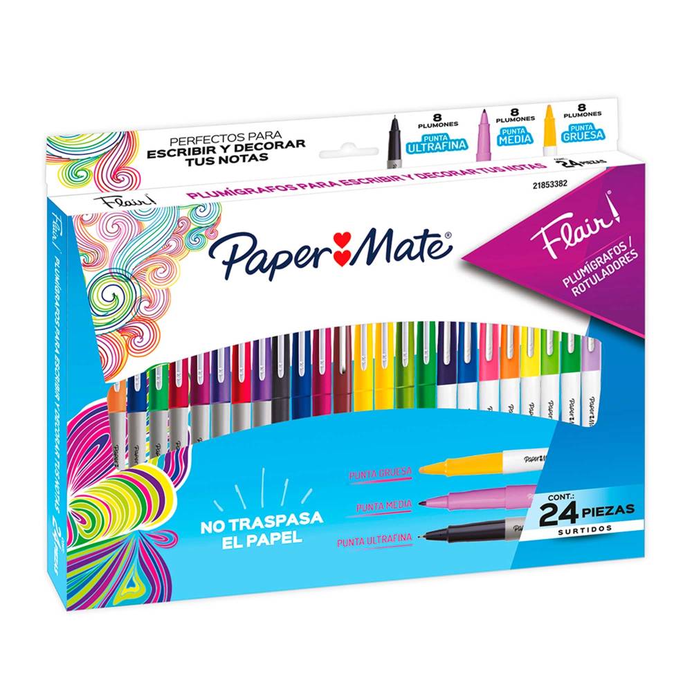 Paper Mate Flair, Marcadores Bolígrafos Rotuladores de Punta Ultra Fina, Media y Gruesa, 24 Piezas