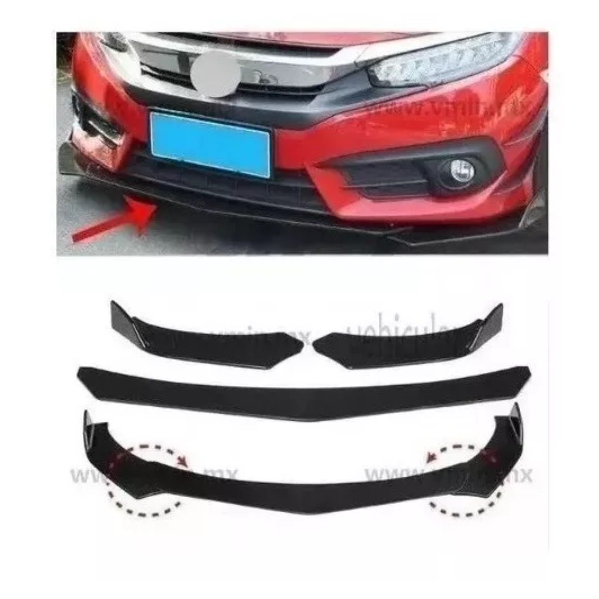 Splitter Lip Universal Plástico Delantero Auto 3 Piezas