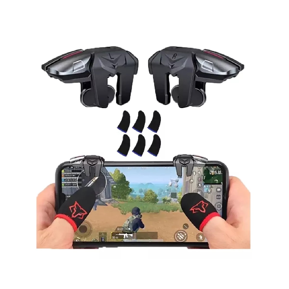 Kit Gatillos Celular Sarafox F6 Con 4 Botones + Dedales Gamer