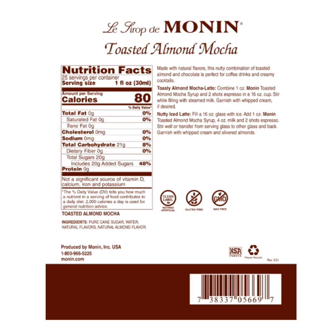 Monin Jarabe de Almendra y Moca Tostada - Toasted Almond Mocha en botella de Vidrio de 750 ml.