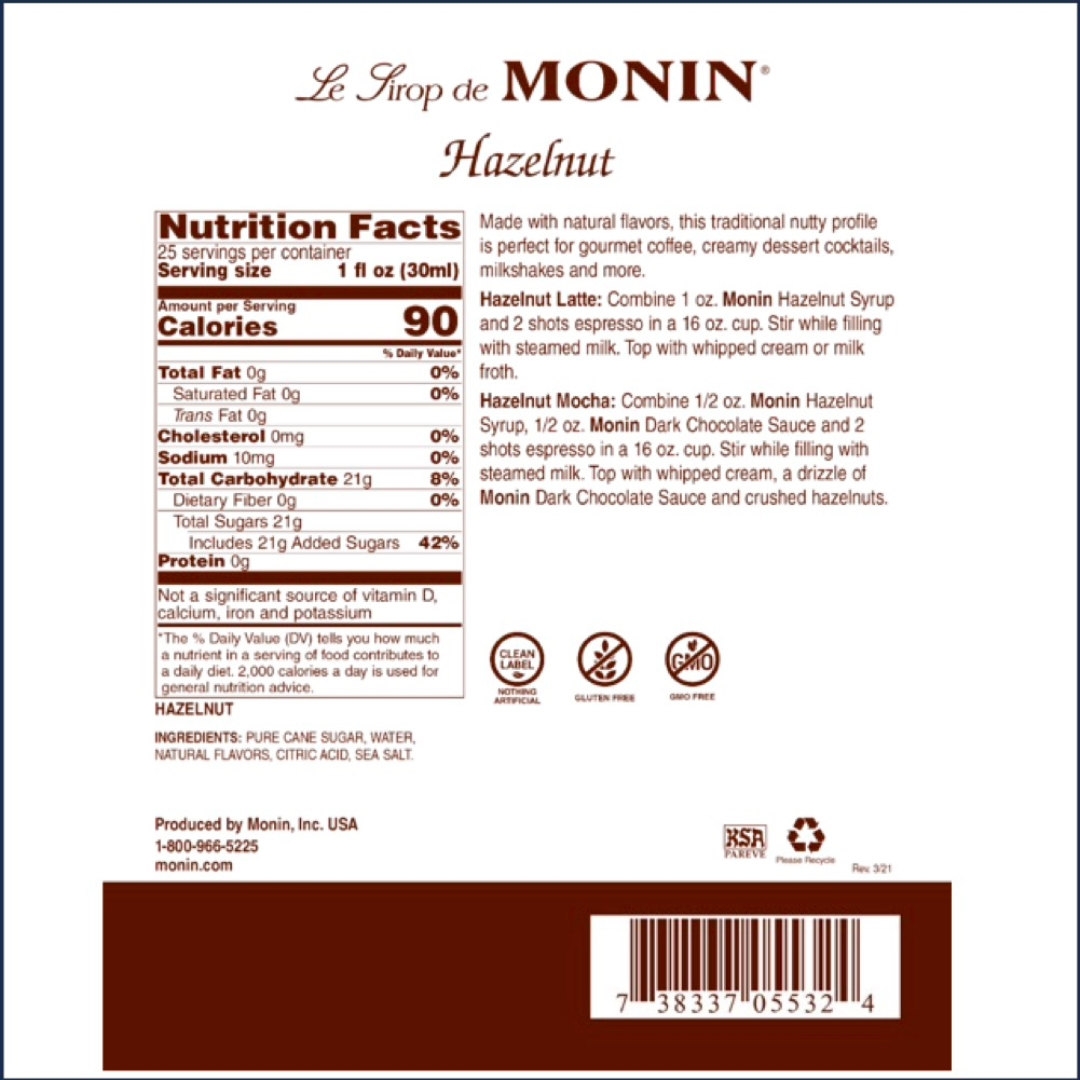 Monin Jarabe de Avellana - Hazelnut en botella de Vidrio de 750 ml.