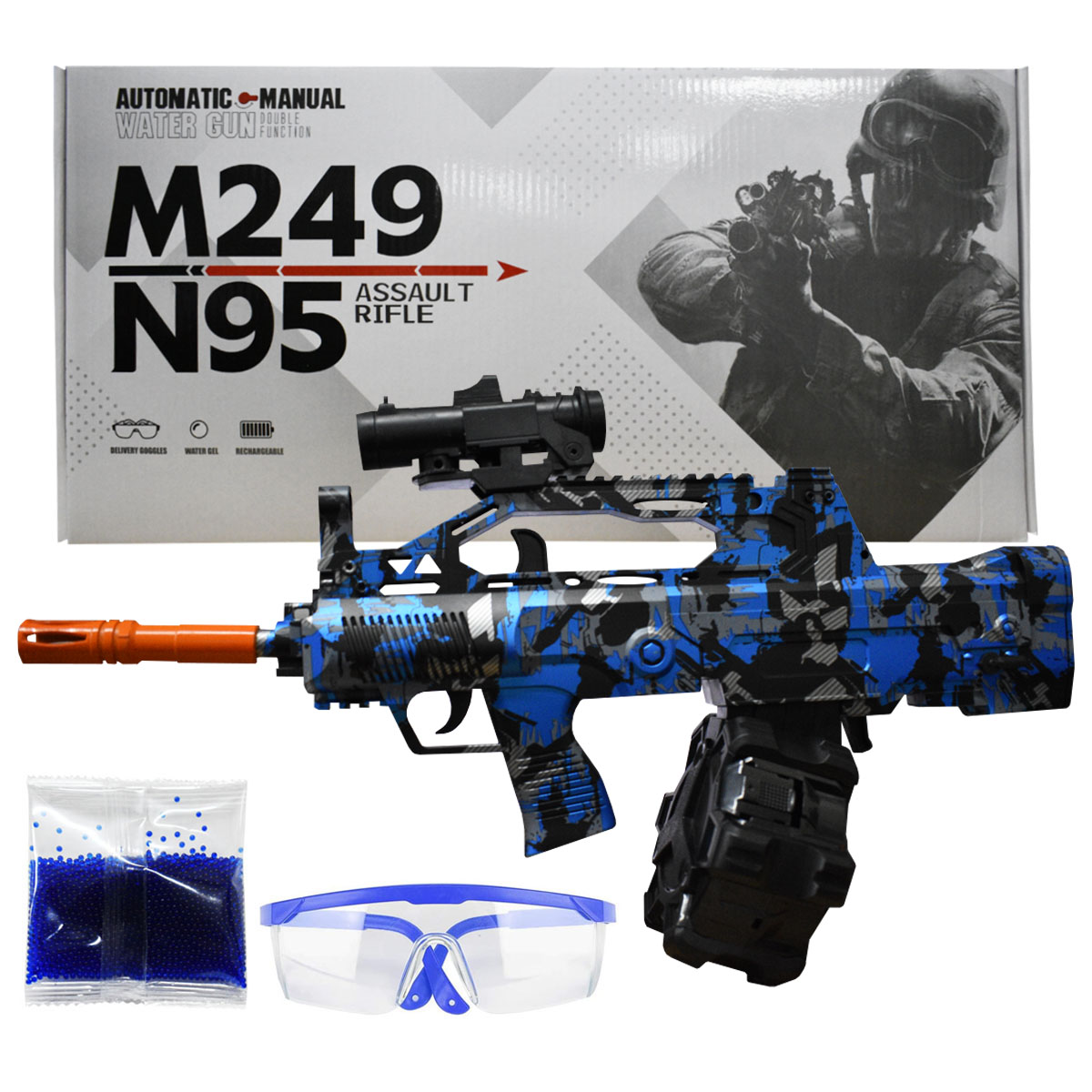 Pistola Rifle de Asalto M249 de Hidrogel Lanzador Automatico De Juguete Con Cargador