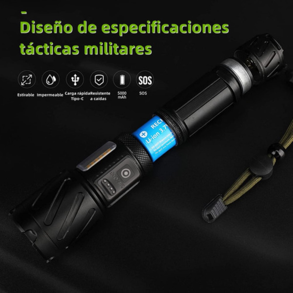 Linterna Táctica Led Brillante De 90000 Lm Type-c Recargable Negro