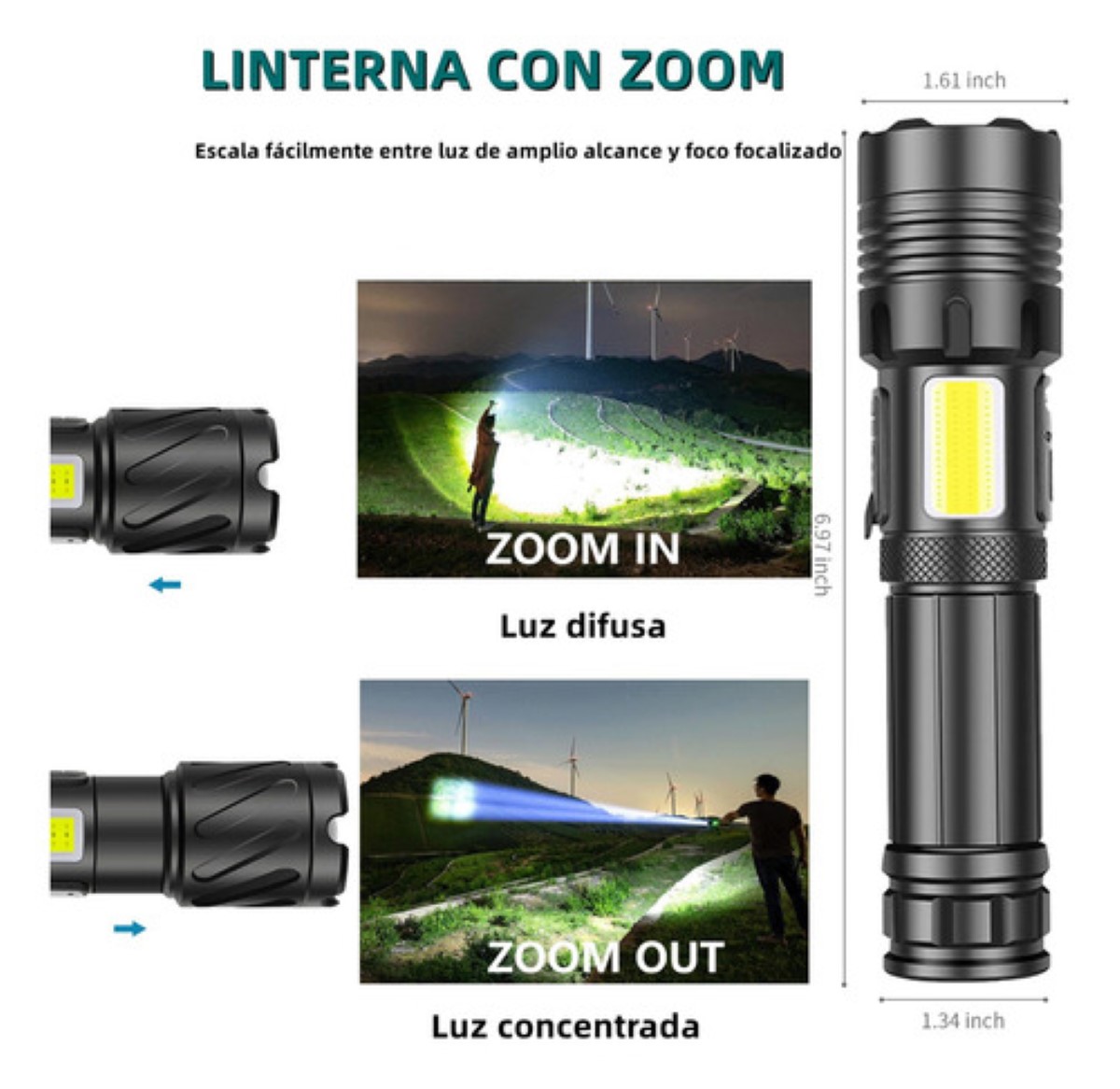 Linterna Táctica Led Brillante De 90000 Lm Type-c Recargable Negro