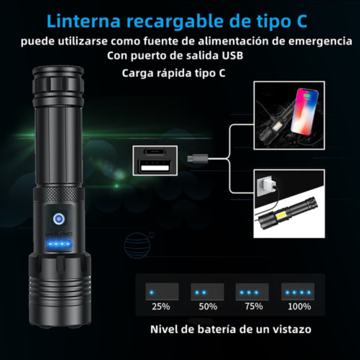 Linterna Táctica Led Brillante De 90000 Lm Type-c Recargable Negro