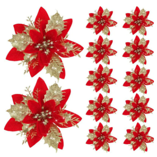 Flores artificiales con purpurina para decoración de árbol de Navidad, adornos de Feliz Año Nuevo, flores